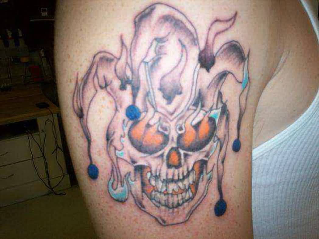 Nice Flaming Evil Jester Skull Color Tattoo On Right Half Sleeve