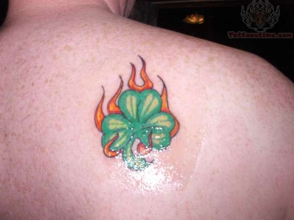 Nice Flaming Shamrock Leaf Tattoo On Back Shoulder