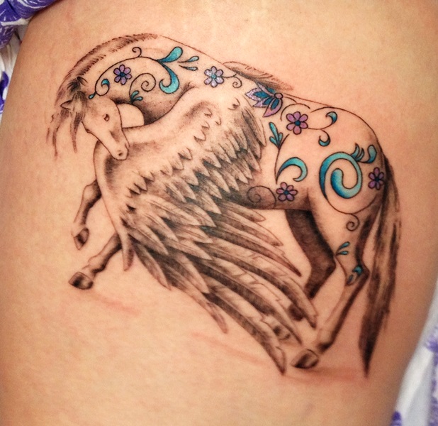 Nice Flowers On Grey Pegasus Tattoo