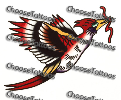 Nice Flying Bird Holding Worm With Mouth Tattoo Stencil
