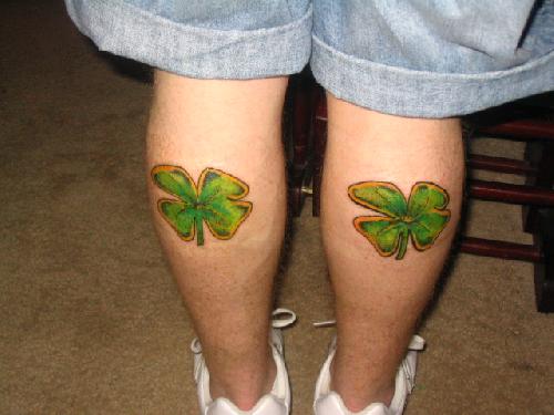 Nice Four Leaf Shamrock Matching Tattoos On Back Leg
