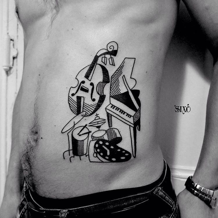 Nice Grand Piano With Drum And Guitar Tattoo On Side Rib
