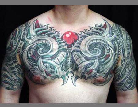 Nice Grey Biomechanical Tattoo On Chest And Shoulders