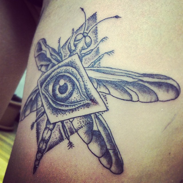 Nice Grey Ink Dragonfly With Triangle Eye Dotwork Tattoo