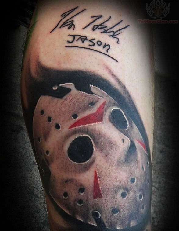 Nice Grey Ink Jason Mask Tattoo On Leg