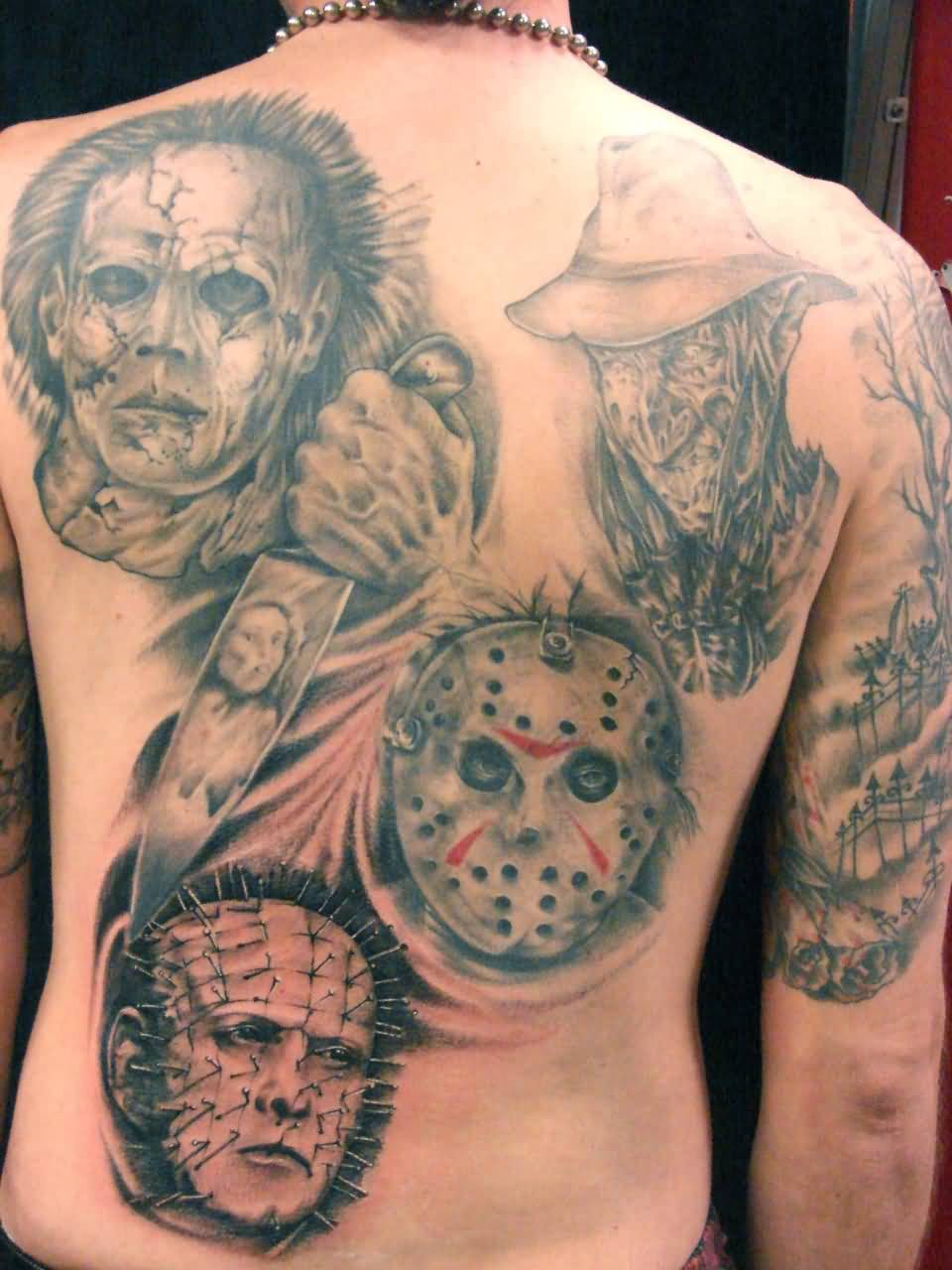 Nice Grey Jason Freddy And Pinhead Head Tattoos On Full Back