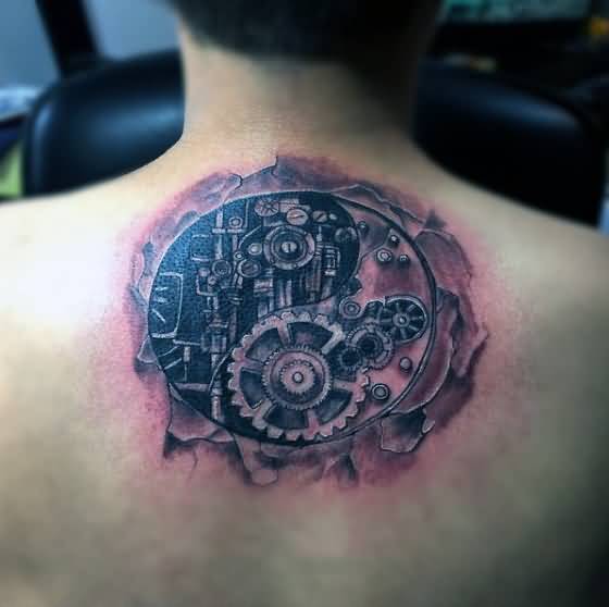 Nice Grey Mechanical Gears Circle Tattoo On Back