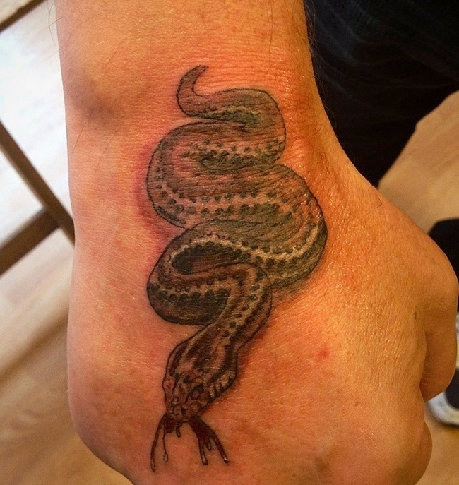 Nice Grey Reptile Crawling Snake Tattoo On Hand