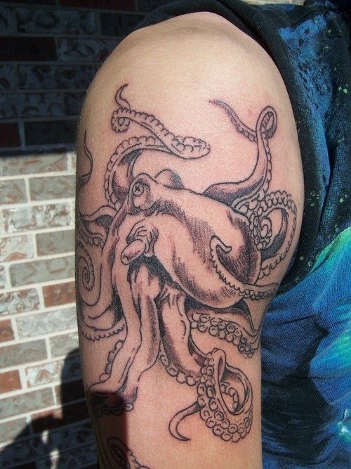 Nice Grey Sea Creature Octopus Tattoo On Right Half Sleeve