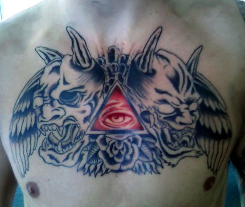 Nice Grey Triangle Eye With Demons Tattoo On Chest