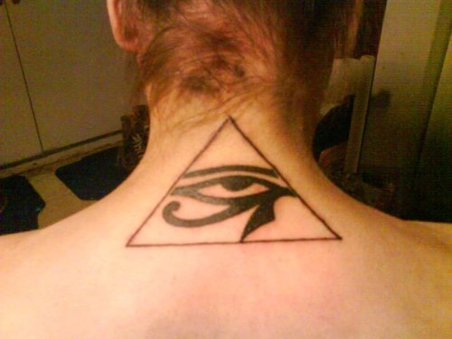 Nice Horus Eye In Pyramid Tattoo On Back Neck For Girls