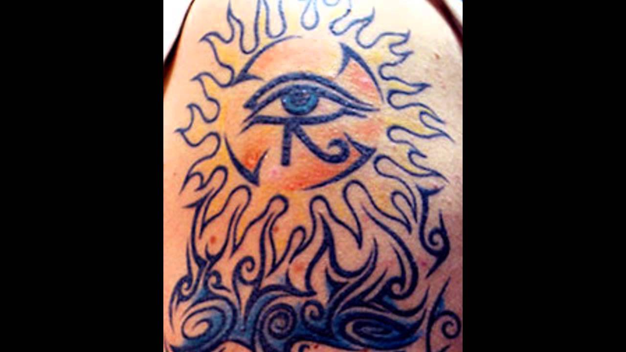 Nice Horus Eye In Yellow Sun And Water Waves Tattoo