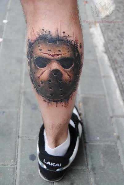 Nice Jason Mask Tattoo On Back Leg