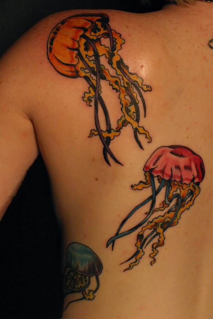 Nice Jellyfishes Colored Tattoo On Back By Deanna Wardin