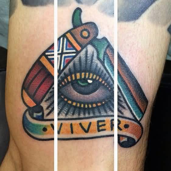 Nice Knife And Banner Made Triangle Eye Traditional Tattoo