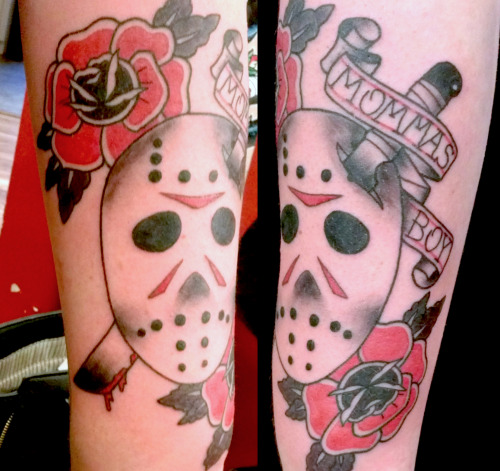 Nice Knife Ripped Jason Mask With Banner Traditional Tattoo