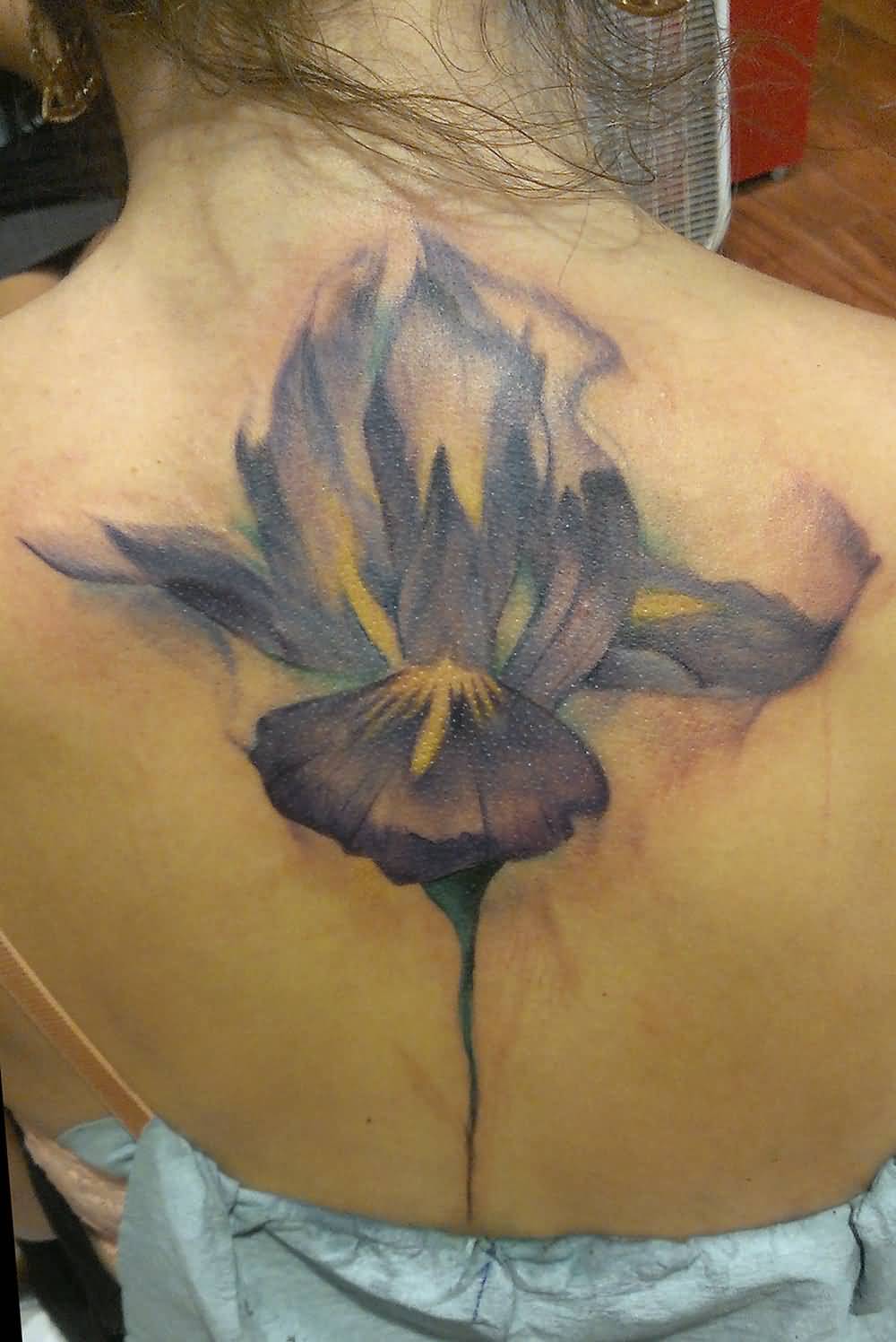 Nice Large Purple Iris Flower Tattoo On Upper Back