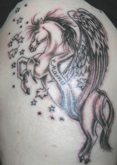 Nice Mama Banner On Pegasus With Leaves Tattoo