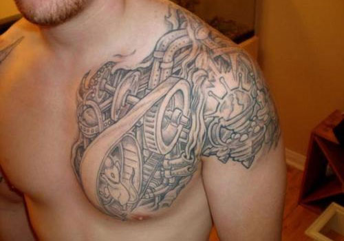 Nice Mechanical Engine Tattoo On Left Shoulder