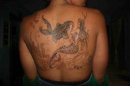 Nice Mermaid With Fish In Sea Tattoo On Full Back