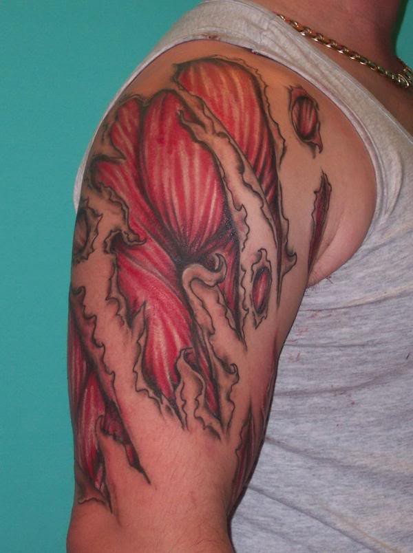Nice Muscles Ripped Skin Tattoo On Half Sleeve For Men