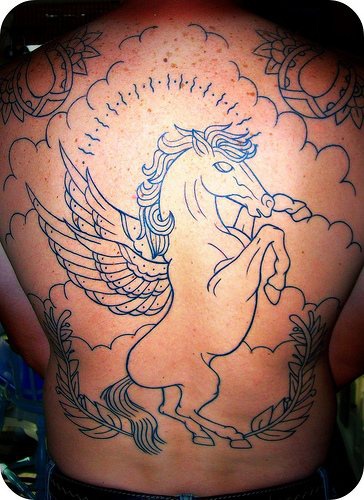 Nice Pegasus In Clouds Full Back Tattoo