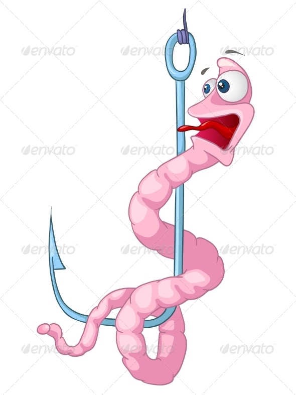 Nice Pink Worm On Fishing Hook Tattoo Stencil