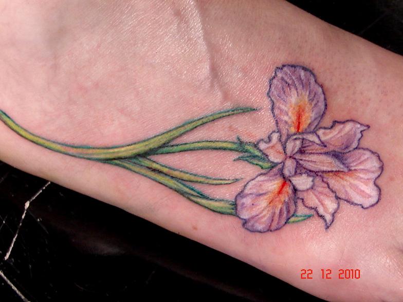 Nice Purple Color Iris Flower Tattoo On Foot