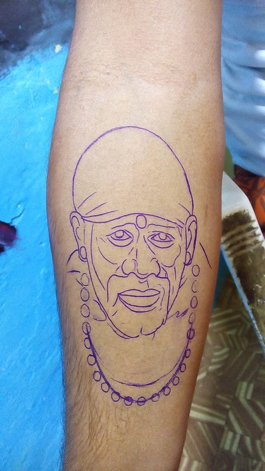 Nice Purple Outline Sai Baba Tattoo On Forearm