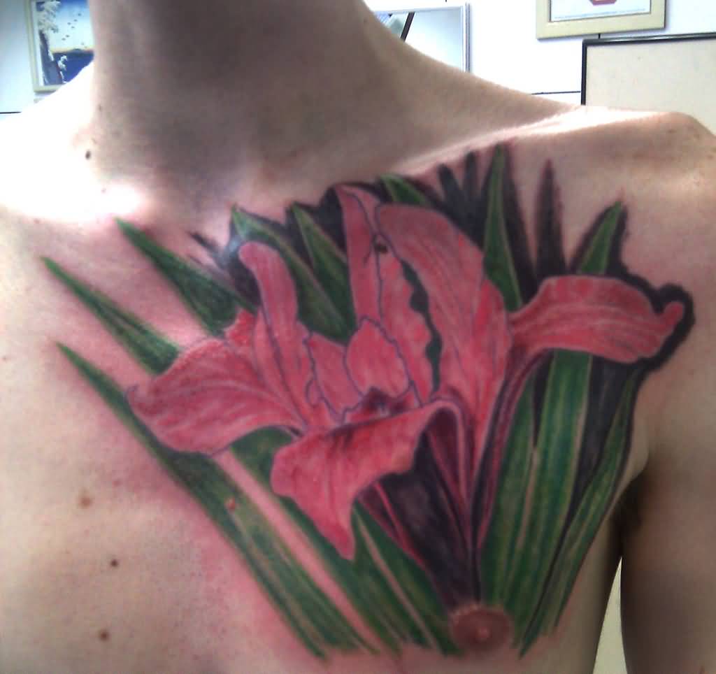 Nice Red Color Iris Tattoo On Chest