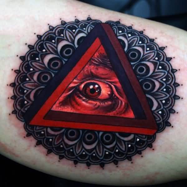 Nice Red Color Triangle Eye With Mandala Flower Tattoo