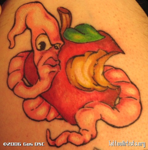 Nice Red Rotten Apple With Worm Tattoo