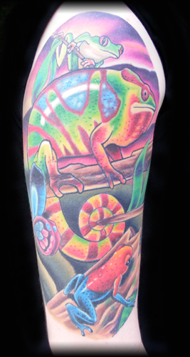 Nice Reptile Frogs Colorful Tattoo On Sleeve