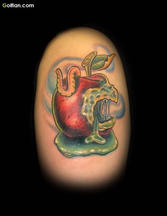 Nice Rotten Apple With Worm Tattoo