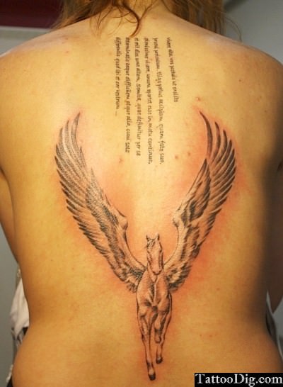 Nice Running Pegasus With Text Script Tattoo On Full Back