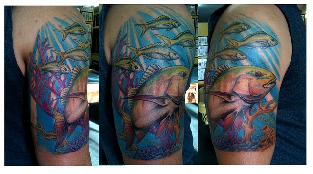 Nice Saltwater Fishes Tattoo On Right Half Sleeve