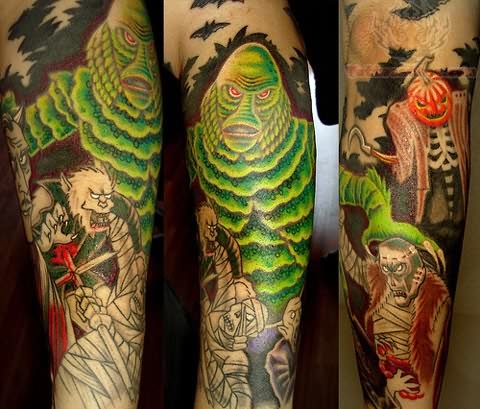 Nice Sea Monsters Tattoo On Arm