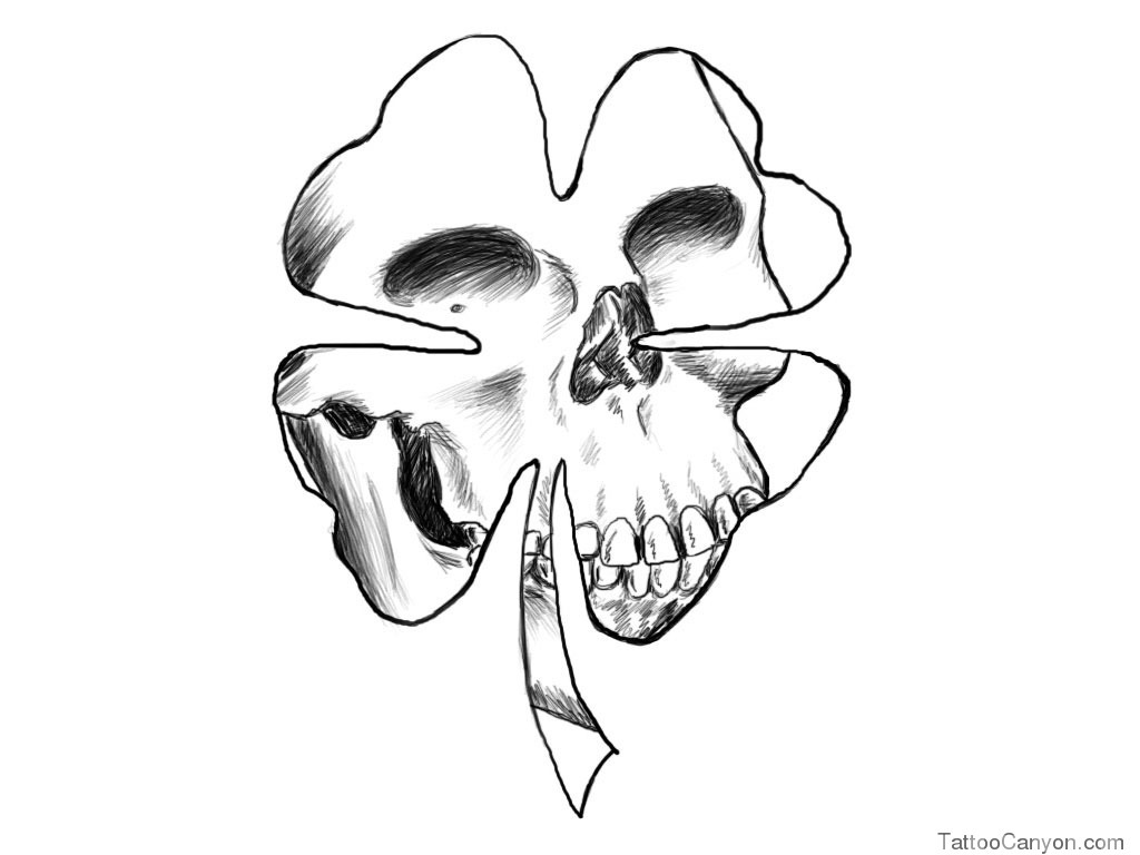 Nice Skull In Four Leaf Shamrock Outline Tattoo Design