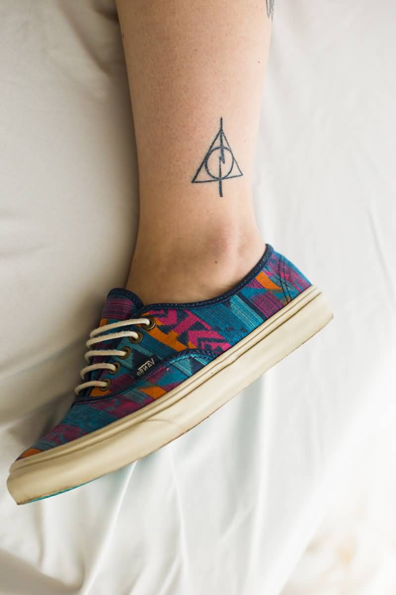 Nice Small Deathly Hallows Ankle Tattoo