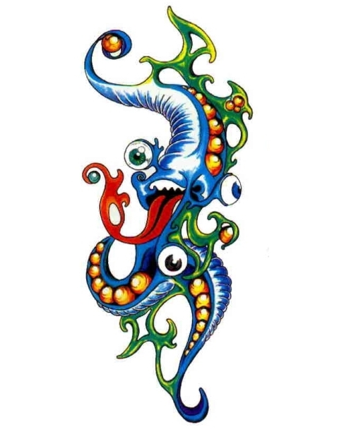 Nice Three Eye Sea Creature Colorful Tattoo Design