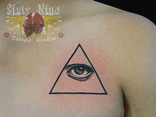 Nice Triangle Eye Tattoo On Left Chest