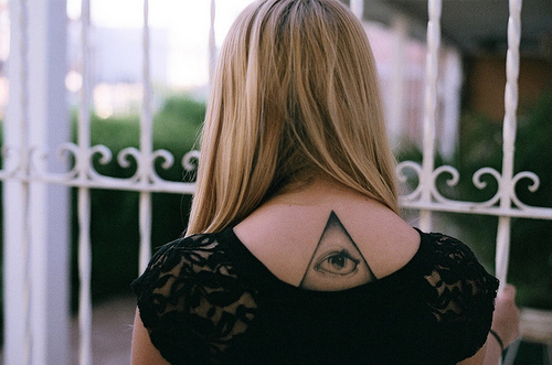 Nice Triangle Eye Tattoo On Upper Back
