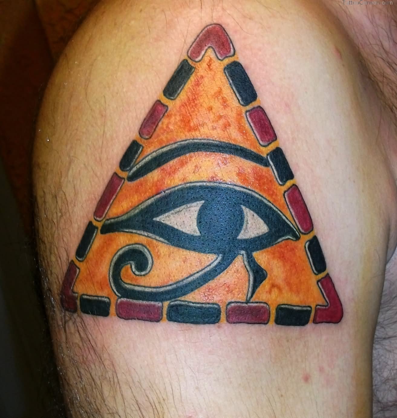 Nice Triangle Horus Eye Color Tattoo On Right Shoulder