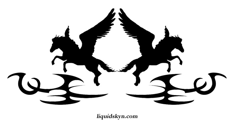 Nice Tribal Design And Two Pegasus Silhouette Tattoo Design