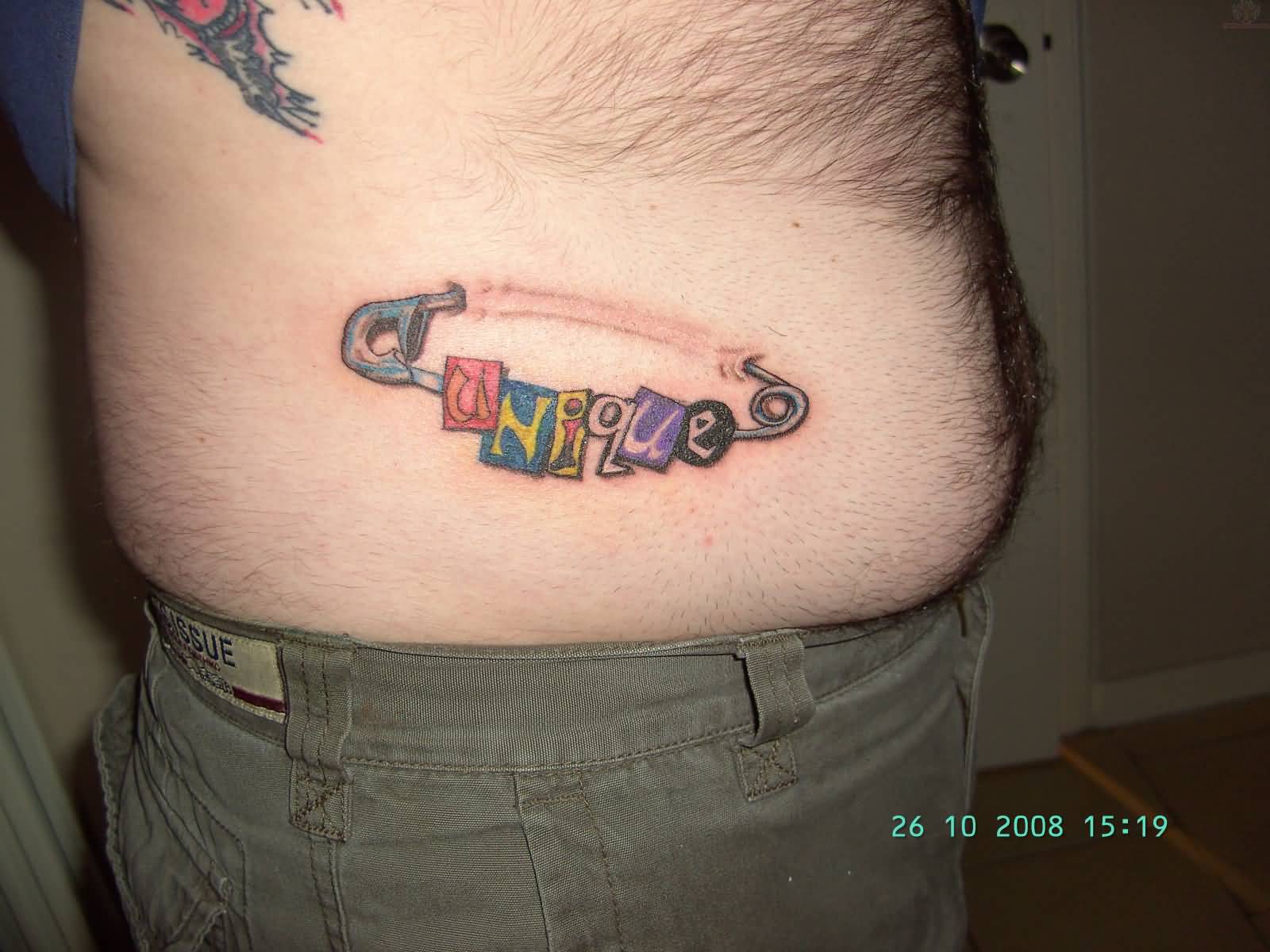Nice Unique Safety Pin Side Rib Tattoo