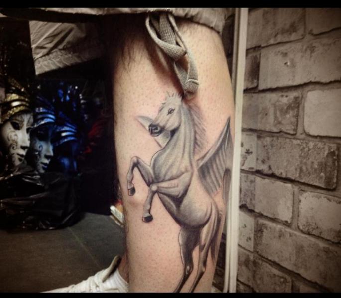 Nice White Color Jumping Pegasus Tattoo By Resul Odabas
