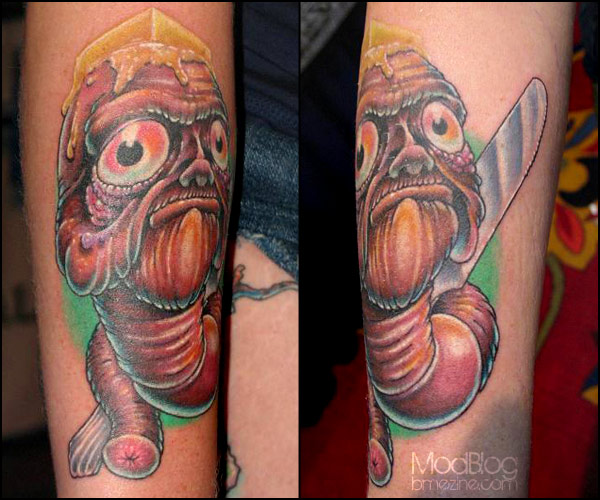 Nice Worm With Knife Color Tattoo