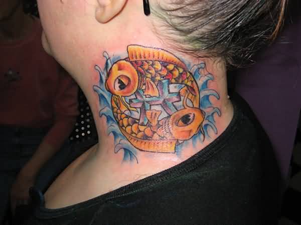 Nice Zodiac Sign Style Fishes Tattoo On Side Neck