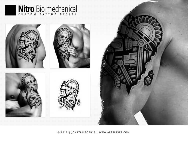 Nitro Biomechancial Tattoo On Right Shoulder