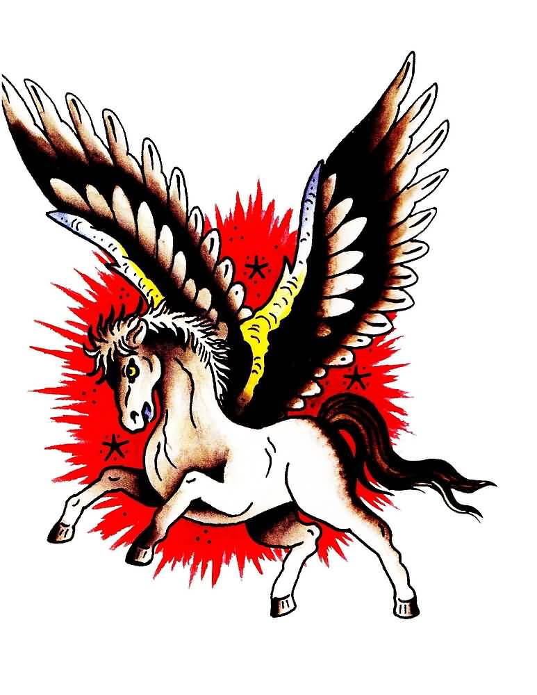 Old School Flying Pegasus Color Tattoo Design
